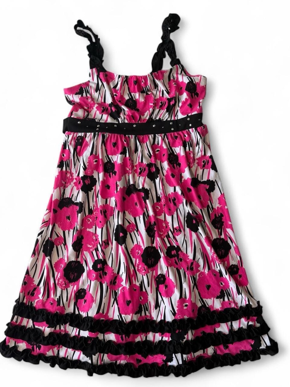 Vintage Y2K Justice Pink Black White Babydoll Floral Ruffle Dress Girls 14